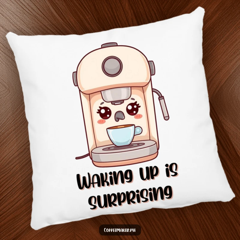Funny Kawaii Espresso Machine Pillow with wide, surprised eyes, offering comfort and humor as a delightful gift.
