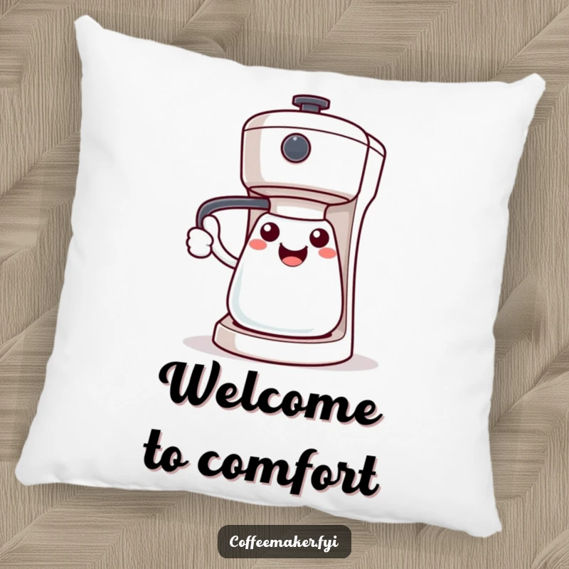 Funny Kawaii coffee maker pillow, character offering a welcoming handle gesture, soft and huggable.