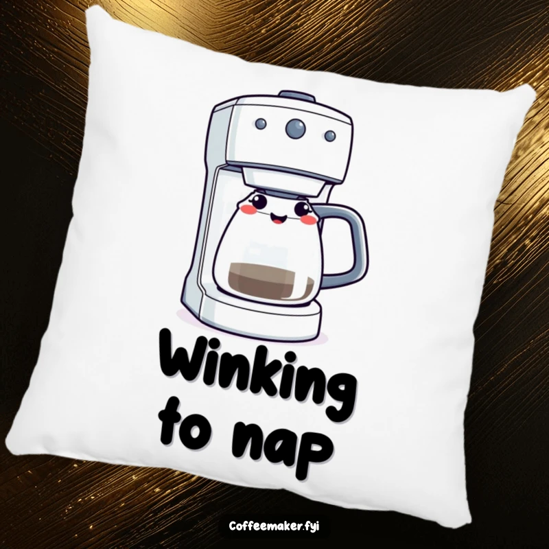 A coffee maker machine winking with its brewing light, featured on a plush and comfortable throw pillow.