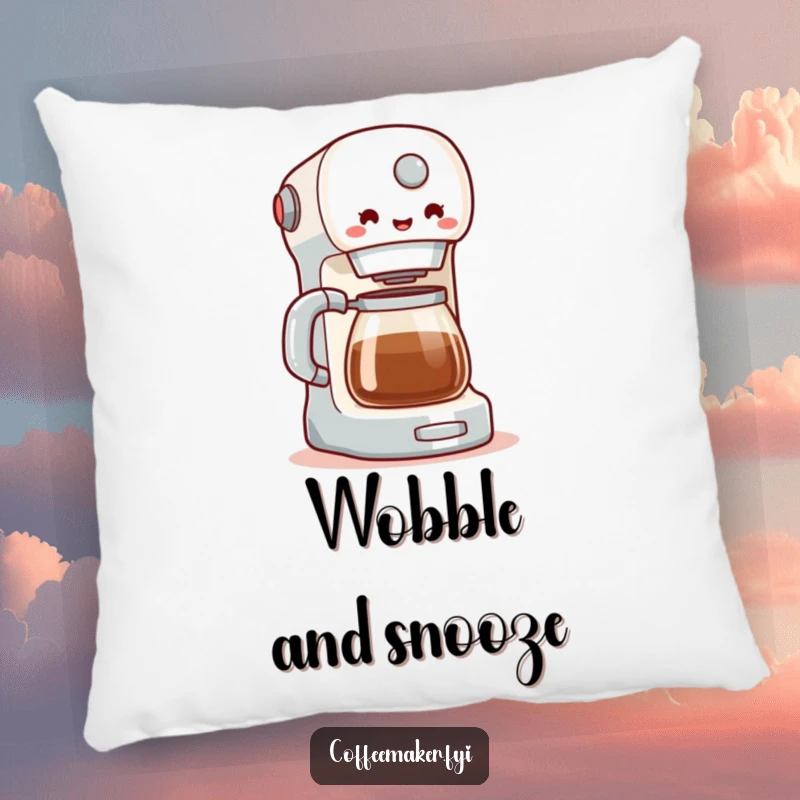Funny pillow featuring a coffee maker in a happy, energetic wobble, offering comfort and a touch of playful decor. A cozy and humorous accent.