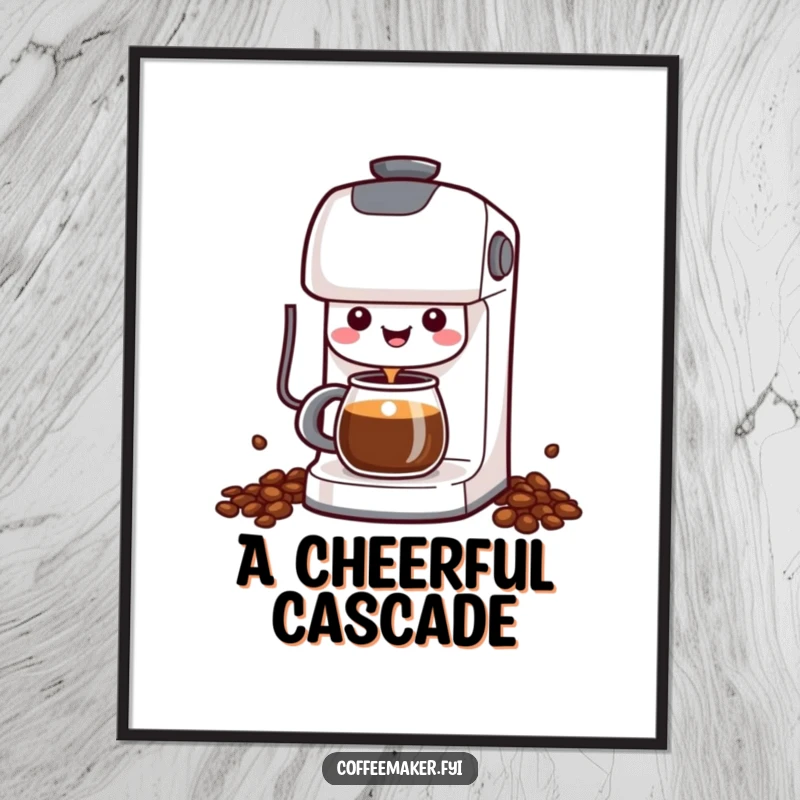 Funny Kawaii Coffee Maker Digital Art Print showing a cheerful character happily dispensing coffee, adding humorous cheer.