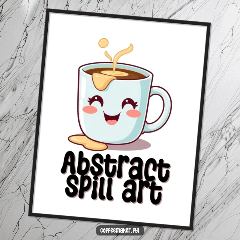Funny digital art print of a cute coffee mug character, happy face, spilling coffee, vibrant and humorous.