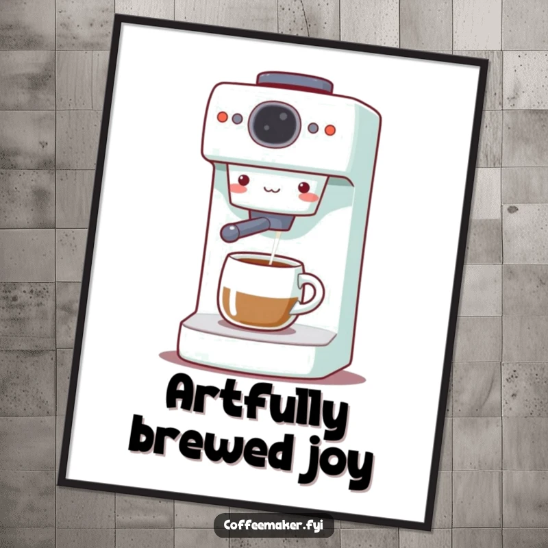 Funny Coffee Maker Digital Art Print: Cute machine gleefully dispensing coffee, bringing vibrant happiness and cheerful energy to digital decor.
