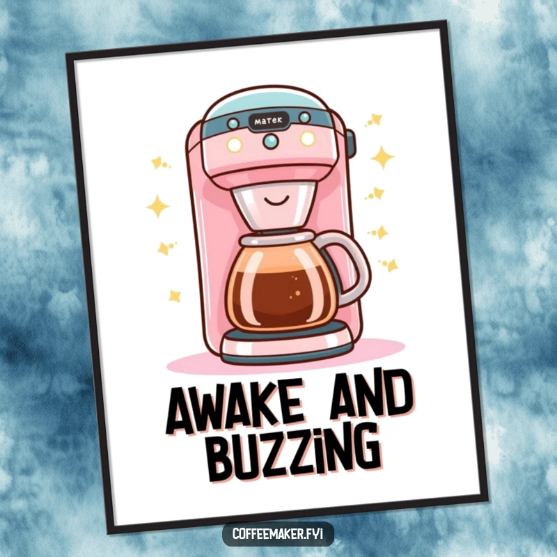 Funny Kawaii coffee maker digital art print capturing a cheerful buzz with bright happy lights, ready to download.