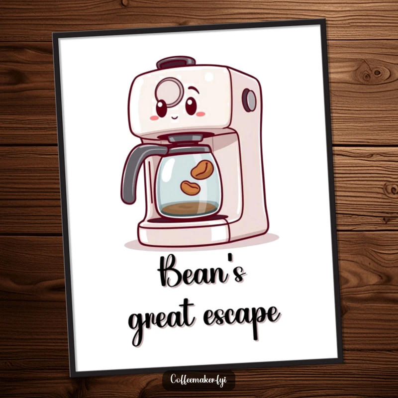Funny digital art print of a surprised coffee maker machine as a tiny coffee bean jumps out, capturing a moment of comical disbelief.