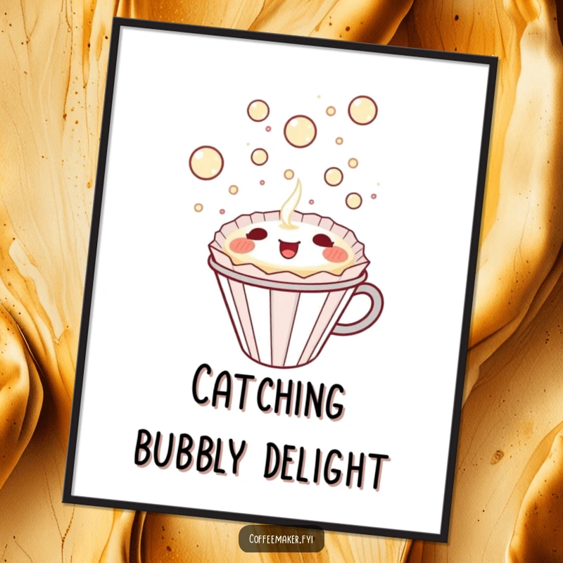 Funny Kawaii Coffee Filter digital art print of a happy filter catching bubbly delight, bringing humor and charm to decor.