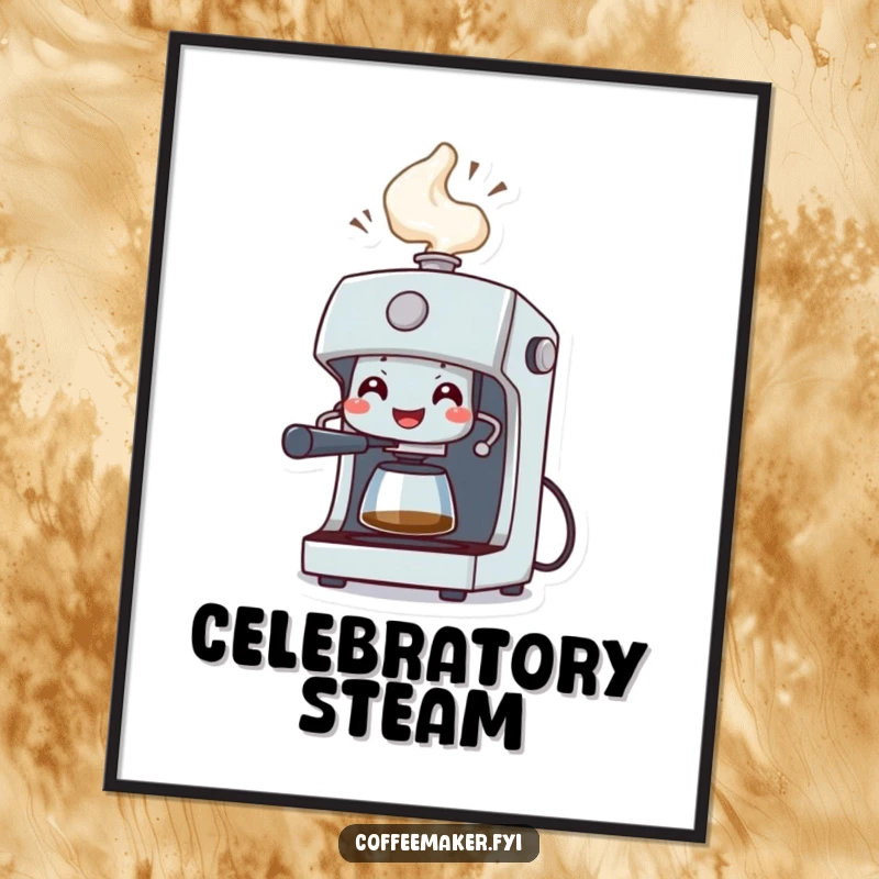 Funny Digital Art Print: A grinning coffee machine character spraying a celebratory geyser of steam, exuding coffee excitement.