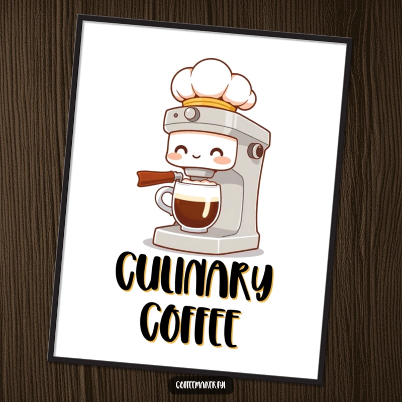 Funny digital art print of a coffee maker character in a chef hat, proudly presenting a fancy, perfectly brewed cup of coffee.