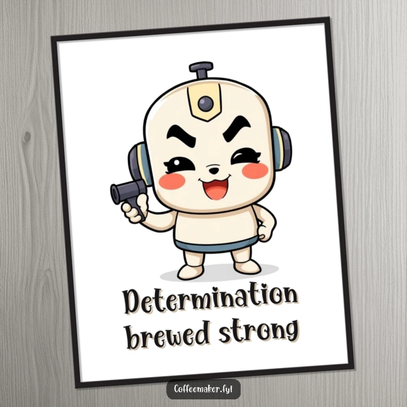 Funny digital art print of a determined French press character pumping, for instant motivational and humorous decor.