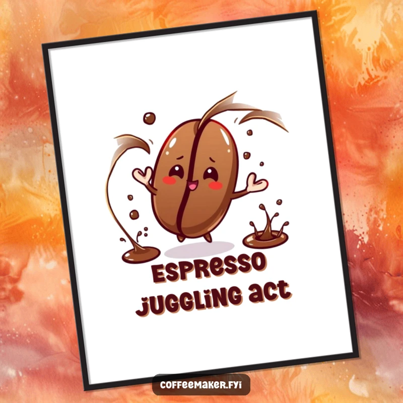 Funny coffee bean character juggling dark liquid streams on this digital art, a sophisticated and humorous piece.