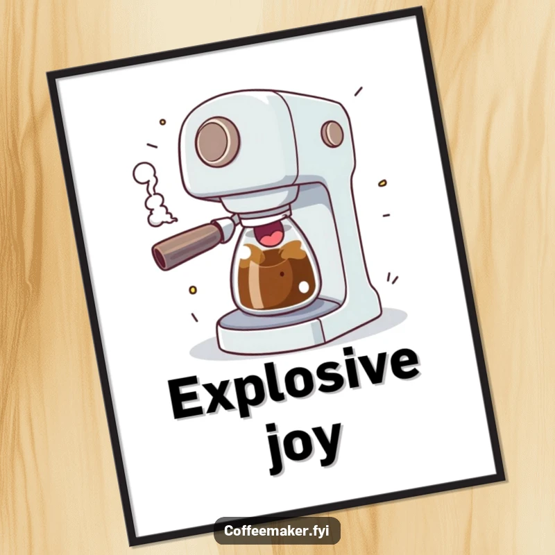 Funny coffee maker character comically sputtering with excitement, steam erupting playfully, a vibrant digital art print.