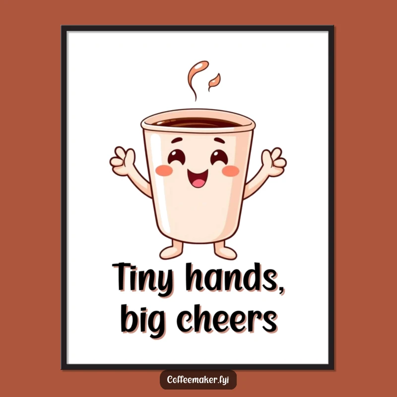 Funny Cheerful Coffee Cup Digital Art: Tiny Hands Celebration Print