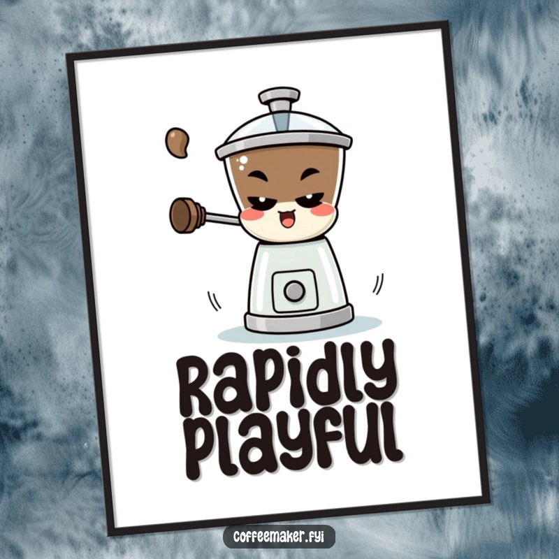 Funny Digital Art Print: A mischievous coffee grinder character spinning rapidly, releasing aromatic fun.