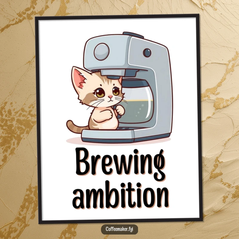 Funny Digital Art Print: A tiny, determined kitten with wide eyes hilariously attempts to use a giant coffee maker.