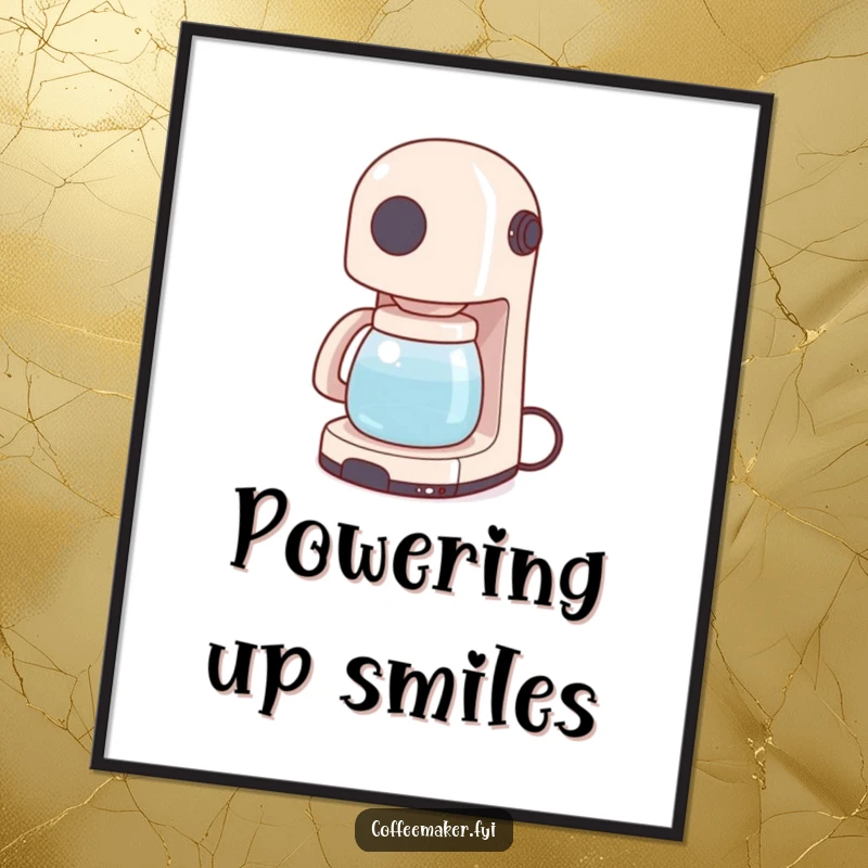 Funny digital art print of a coffee maker wiggling its power cord like a tail, perfect for instant download and adding quirky humor.