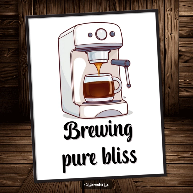 Funny digital art print of a coffee maker machine proudly dispensing a perfect stream of coffee, symbolizing quality and morning ritual.