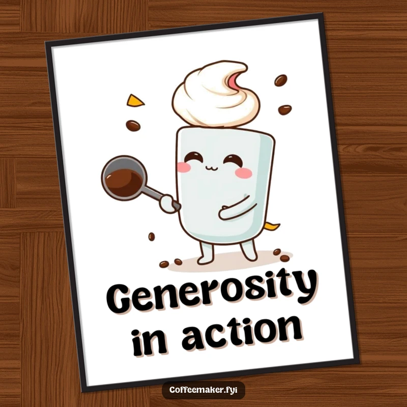 Funny coffee scoop character performing a large scoop, available as a downloadable digital art print.