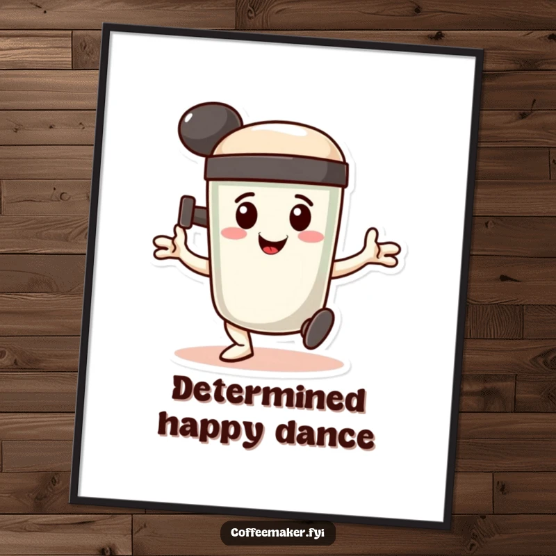 Funny Digital Art Print: A smiling coffee tamper character doing a determined, stamping dance, embodying coffee passion.