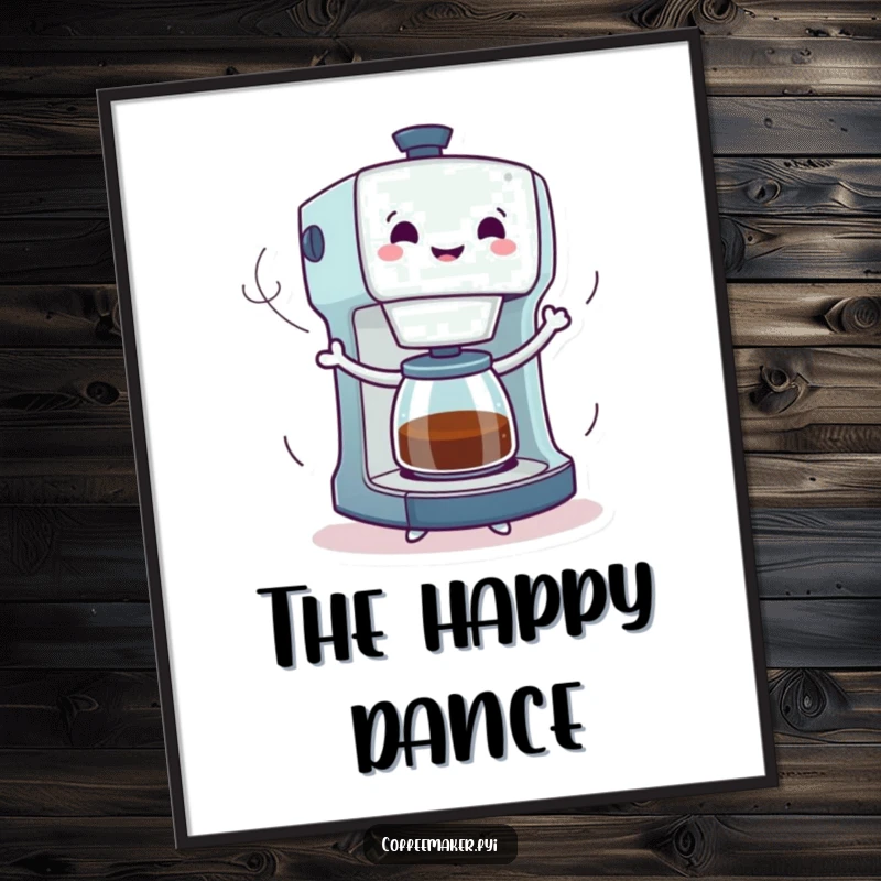 Funny digital art print of a coffee maker character dancing ecstatically, with energetic steam trails capturing its joyful and vibrant spirit.