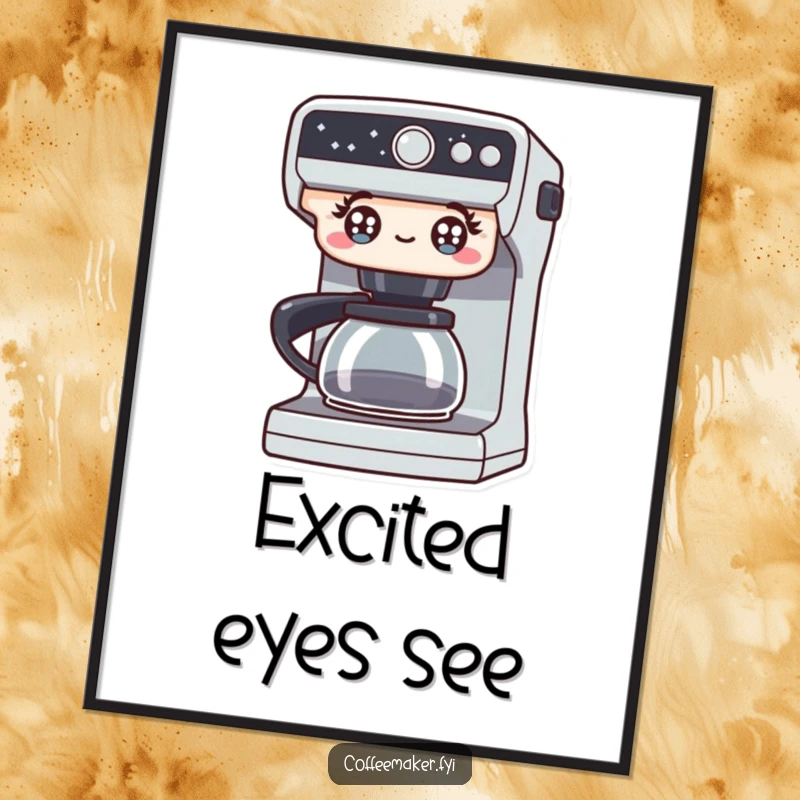 Funny digital art print of a coffee maker with wide, excited eyes, symbolizing pure enthusiasm and the joy of coffee. An instant, humorous decor piece.
