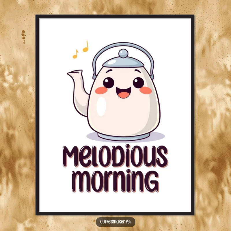 Funny Digital Art Print: A happy kettle with a wide grin whistling a cheerful tune, radiating pure delight.