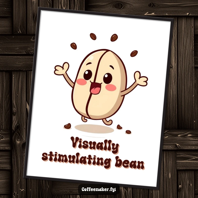 Funny digital art print of a kawaii coffee bean character, illustrated bouncing with pure, unadulterated excitement.