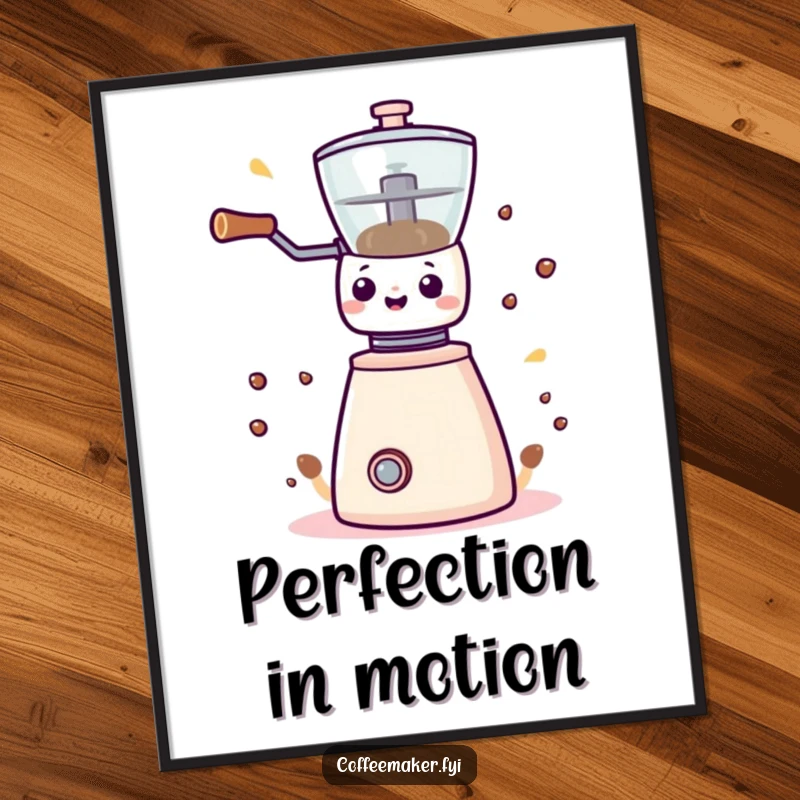Funny Kawaii coffee grinder digital art print, full of energetic motion and cute charm, for instant decor.