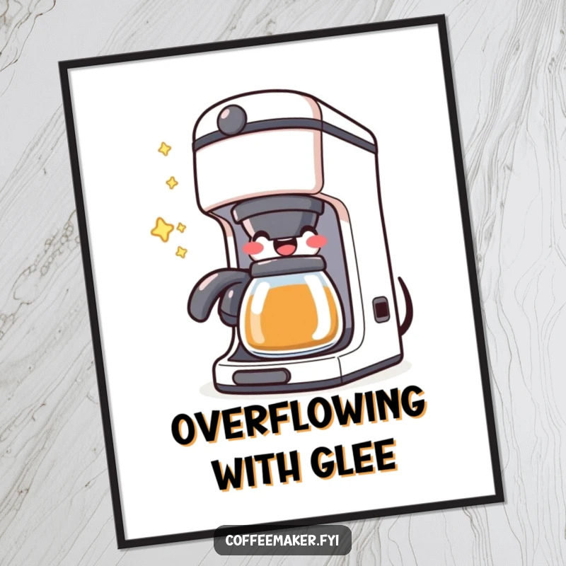 Funny Kawaii Coffee Maker Digital Art Print showing a character happily bubbling with joy, adding humorous cheer.