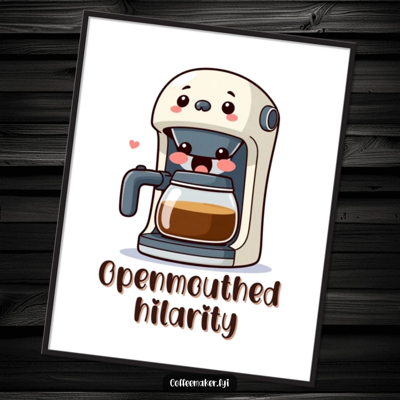 Funny Kawaii Coffee Maker Digital Art Print showing a surprised character with its spout wide open in laughter, adding humorous cheer.