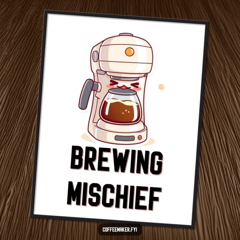 Funny digital art print of a mischievous kawaii coffee maker winking while brewing a bubbly mixture, bringing humorous vibes.