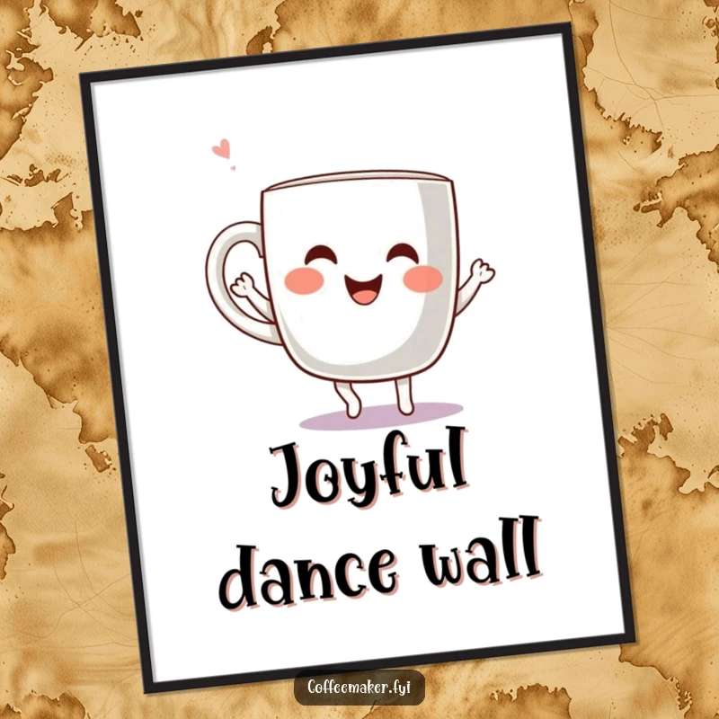 Funny Kawaii Coffee Mug Digital Art Print of a cheerful mug character dancing joyfully, ready for instant download and display.