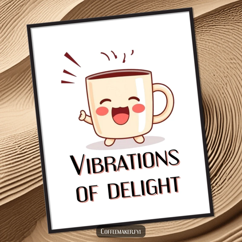 Funny digital art print of a kawaii coffee mug character joyfully shouting with sound waves, for instant cheerful decor.