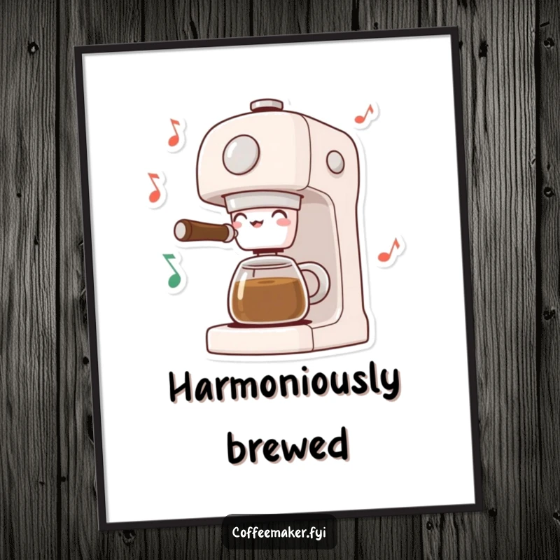 Funny Musical Coffee Maker Digital Art Print: Coffee machine dancing with musical notes, bringing melodic and joyful vibes to digital art.