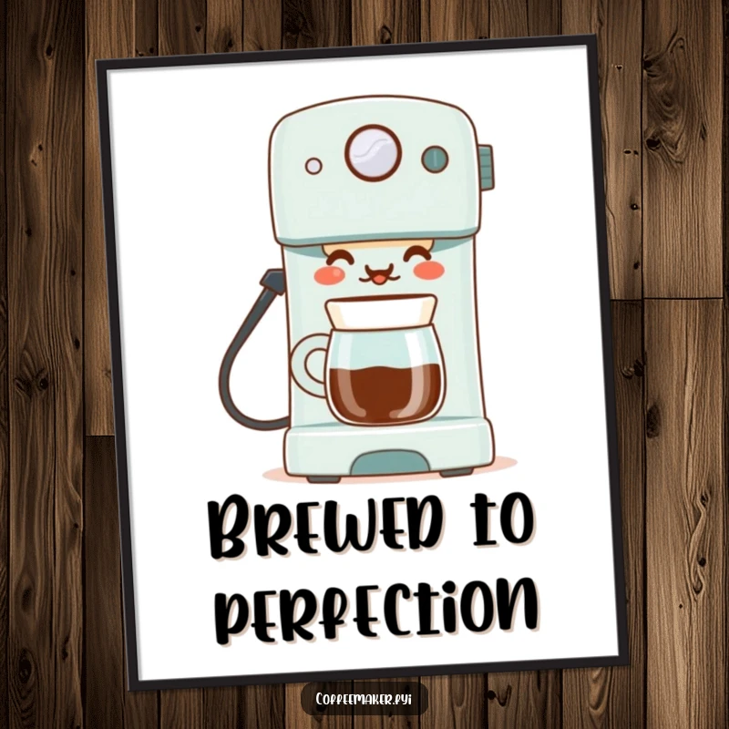 Funny digital art print of a proud coffee maker serving a perfect cup, perfect for instant download and adding brewing excellence.