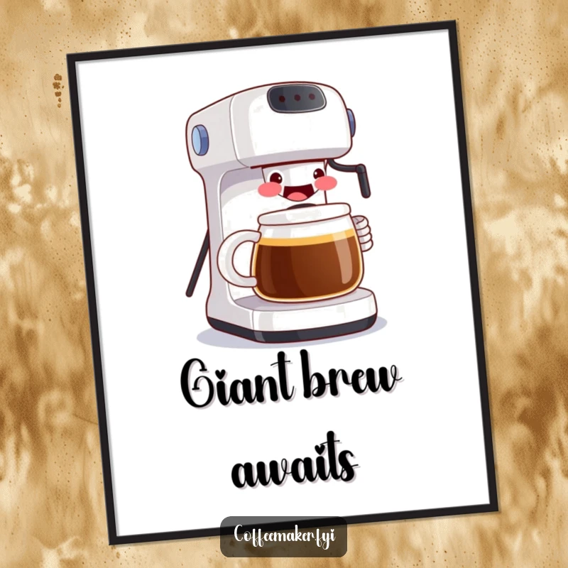 Funny digital art print of a grinning coffee maker pouring a huge mug, symbolizing joy, abundance, and coffee love. An instant, humorous decor piece.