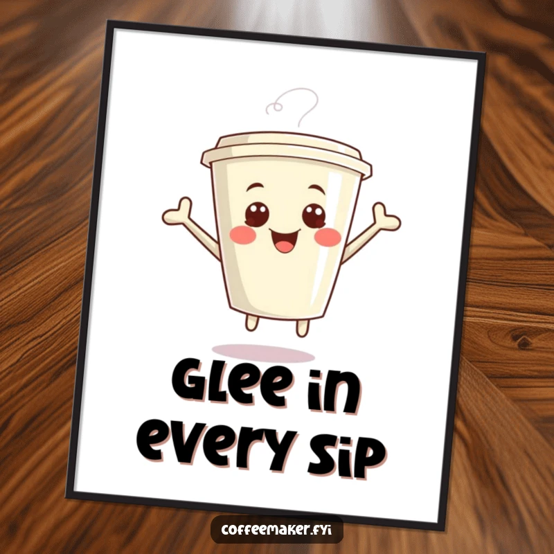 Funny Kawaii Coffee Cup digital art print of a giggling cup jumping with glee, bringing humor and infectious joy to decor.