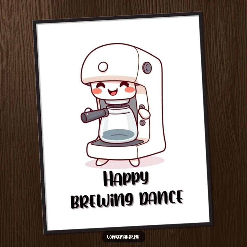 Funny digital art print of a happy kawaii coffee maker jigging with its buttons pressed, bringing cheerful and humorous vibes.