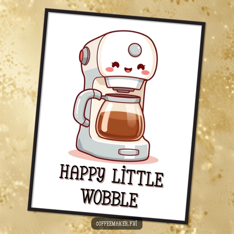 Funny digital art print of a coffee maker in a happy wobble, conveying joy and caffeine enthusiasm. An instant, humorous decorative piece.