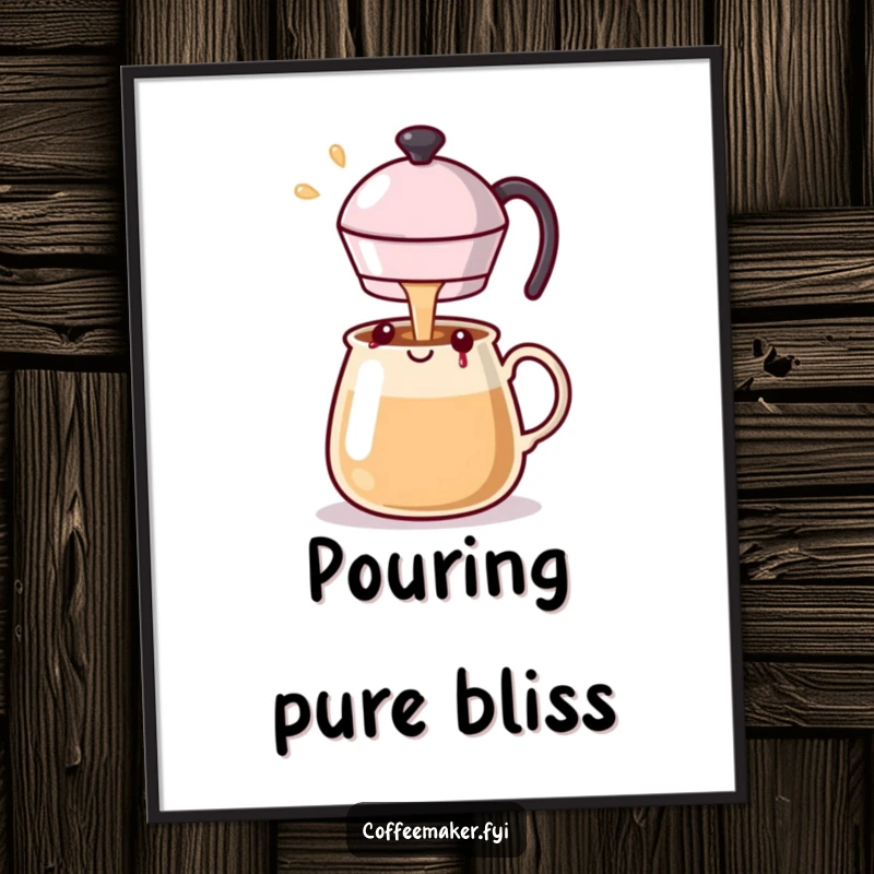 Funny Kawaii coffee pot digital art print capturing a joyful moment of pouring happiness, ready to download.