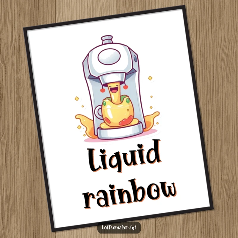 Funny coffee maker character joyfully dispensing colorful, sparkling liquid, a vibrant digital art print for instant download.