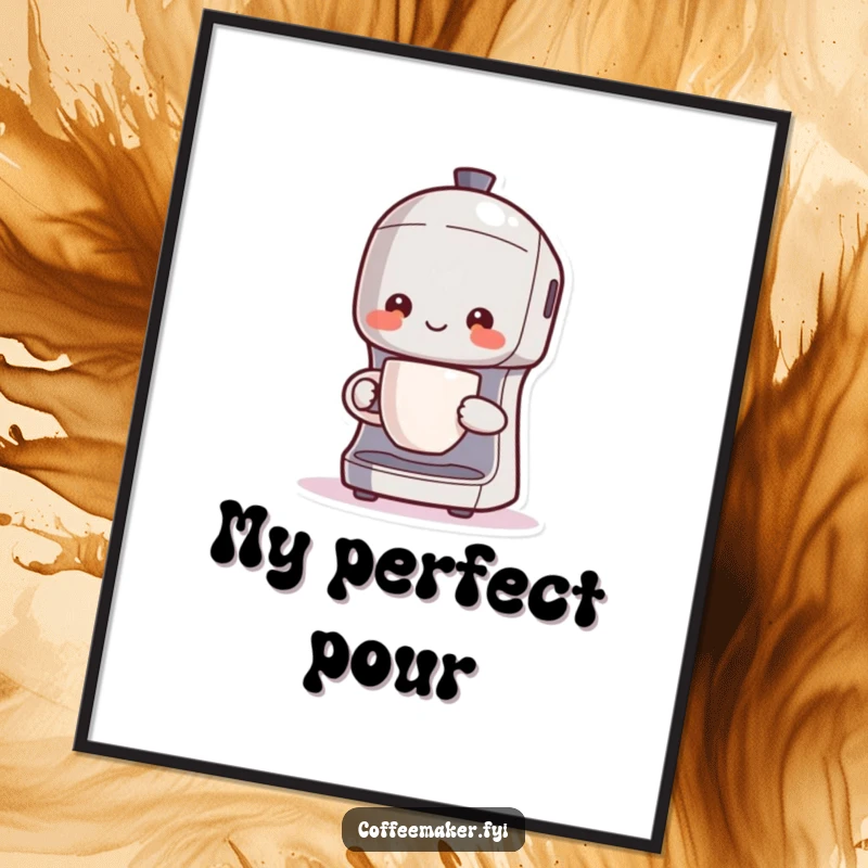 Funny Kawaii coffee maker digital art, character proudly holding a steaming cup, vibrant and cheerful.