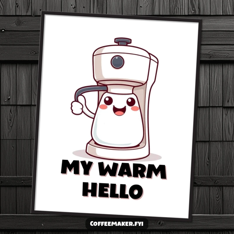 Funny Kawaii coffee maker digital art, character's handle extended in a welcoming gesture, instant cheerful decor.
