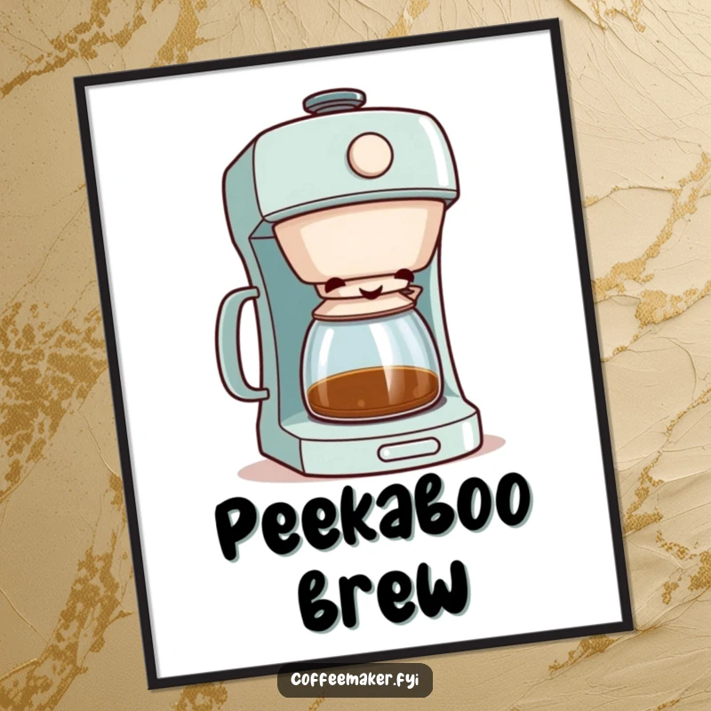 Funny coffee maker character peeking with a mischievous grin from its lid, a quirky digital art print.