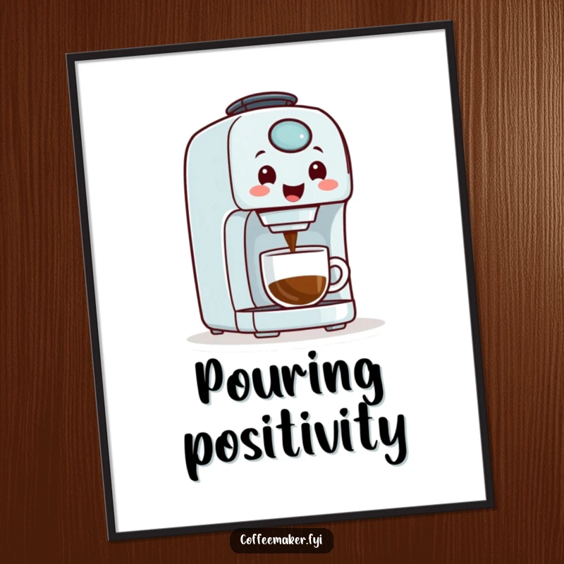 A cheerful coffee maker machine with a happy face, pouring coffee, available as a high-resolution digital art print.