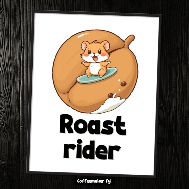 Funny hamster digital art print of a playful hamster surfing on a giant roasted coffee bean, perfect for playful decor.