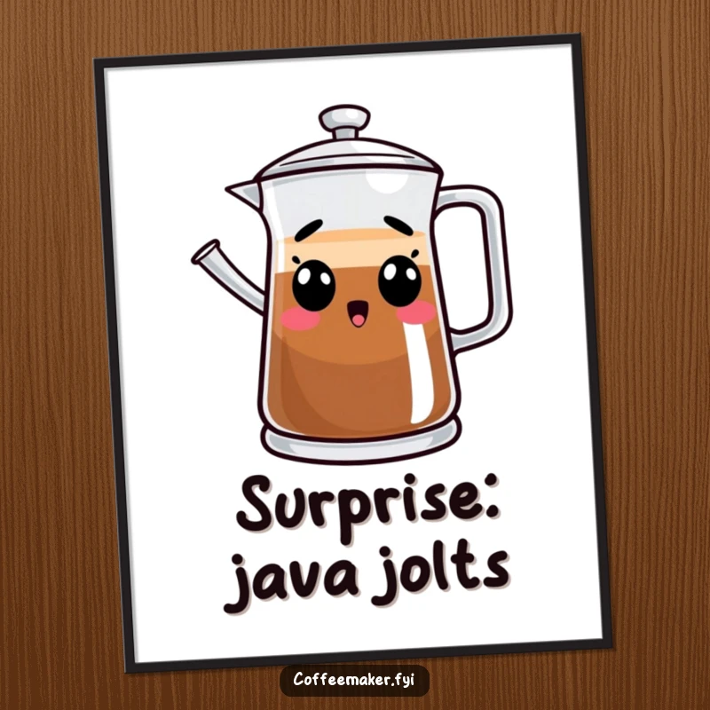 Funny digital art print of a surprised coffee pot character, ideal for instant humorous wall decor downloads.