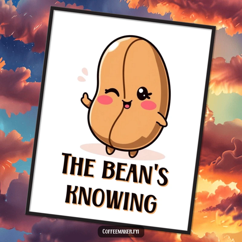 Funny Kawaii coffee bean digital art print capturing a playful wink, perfect for instant download and display.