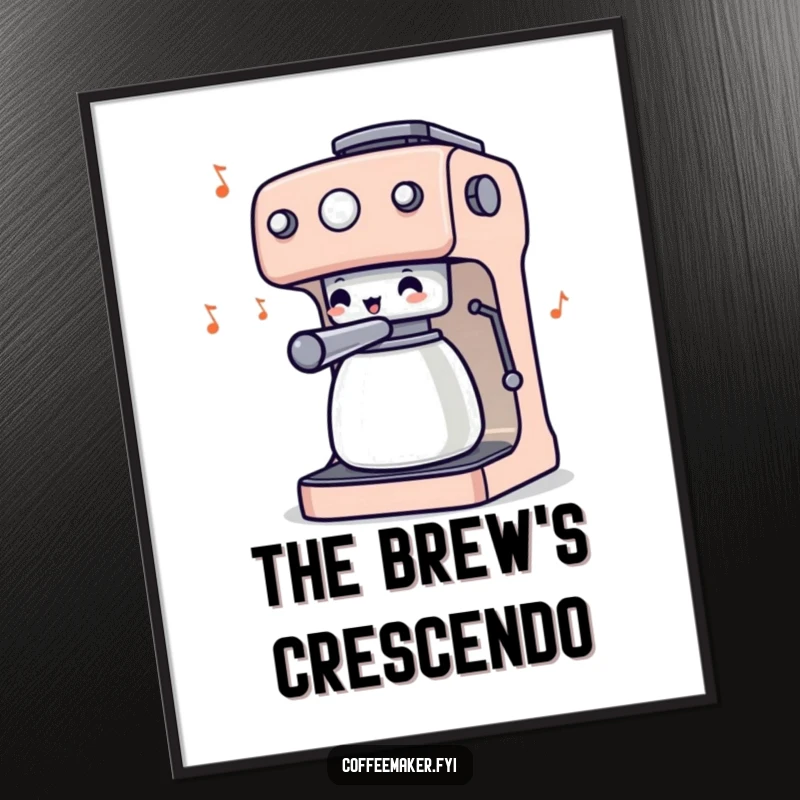 Funny digital art print of a coffee maker character orchestrating a symphony with its wiggling knobs, capturing pure caffeinated musical joy.