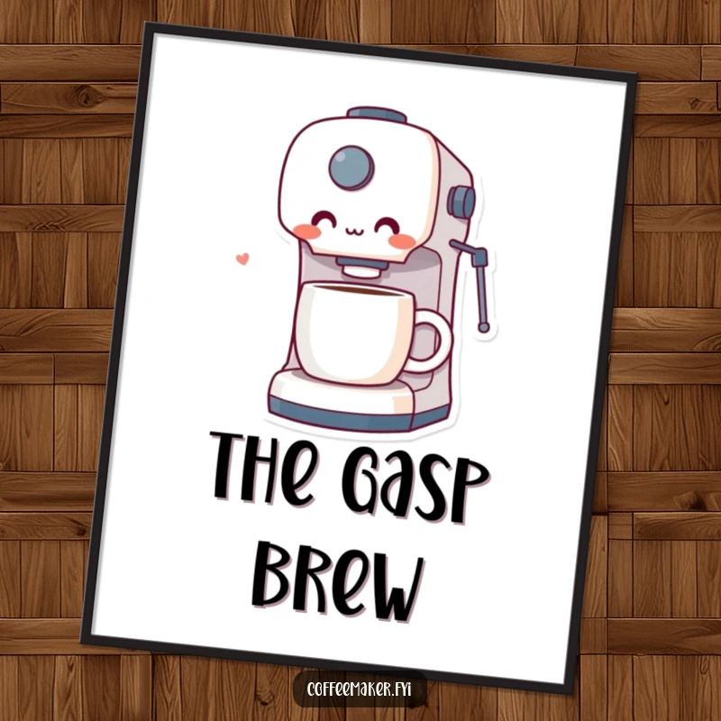 Funny digital art print of a coffee maker character looking pleasantly surprised and delighted by a perfectly brewed cup of coffee.