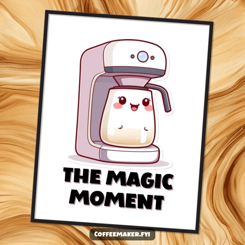 Funny Kawaii coffee maker digital art, character excited by a blinking brewing light, vibrant and cheerful decor.